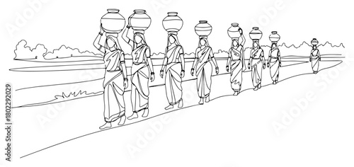 Indian women in sari carrying water pots one continuous line drawing. Rural life in India vector illustration.