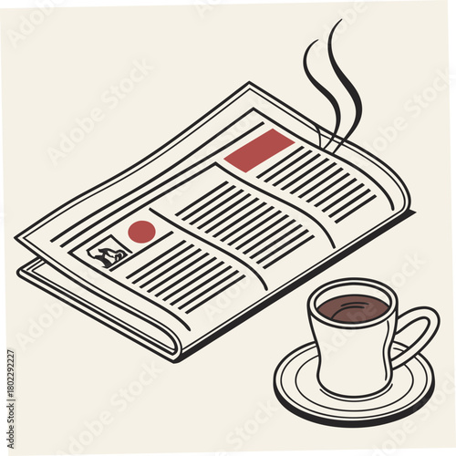 Newspaper and Steaming Cup of Coffee Illustration saucer