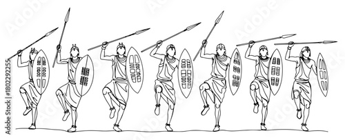 Dancing African Warriors in Continuous One Line Art. Tribal Vector Illustration.