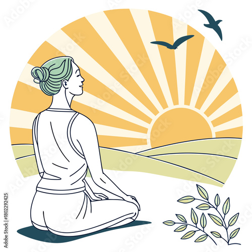 Woman Meditating in Lotus Pose at Sunrise in Rolling Hills yoga meditation