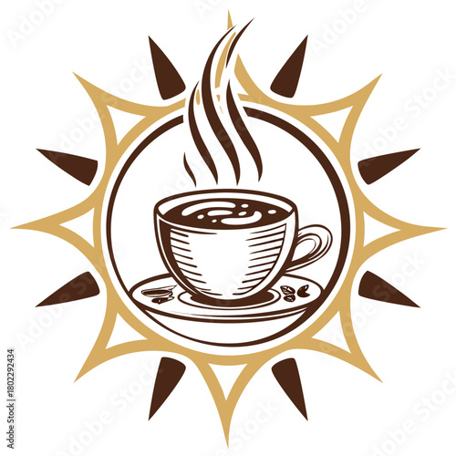 Coffee Cup Emblem with Sun Rays and Coffee Beans Keywords: coffee cup, coffee, cup, saucer