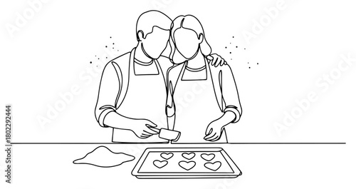 Romantic couple baking heart cookies one continuous line drawing. Valentines day cooking vector art.