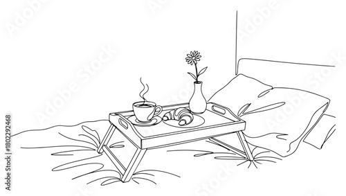 Breakfast in bed with coffee and croissant one continuous line drawing. Romantic morning vector illustration.