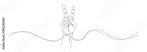 Isolated Single Line Art of Hand Gesturing V Sign with Wavy Lines on White