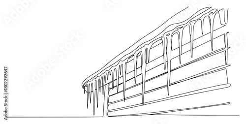 Single continuous line drawing of icicles hanging from the roof of a house Cold winter weather and frost concept in one line art style vector illustration
