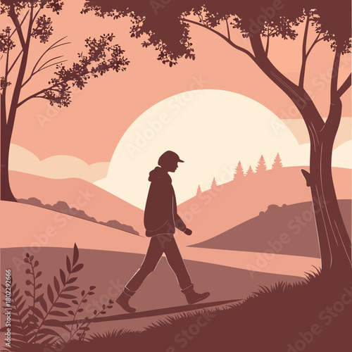 Silhouette of a Person Walking Through a Hilly Landscape at Sunset hiking journey