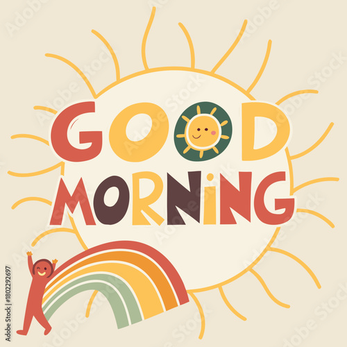 Whimsical Good Morning Greeting with Sun and Rainbow cheerful