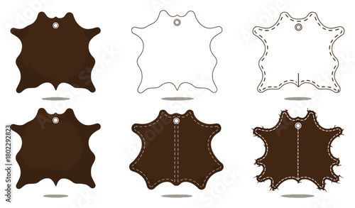Leather Hide Shapes Set with Grommet Hole, Stitching, Outline on White Background