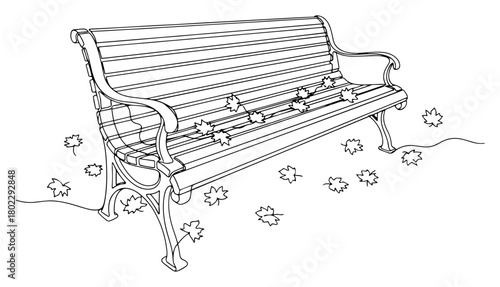 Autumn park bench with fallen maple leaves in one continuous line drawing Vector illustration of a peaceful fall season scene