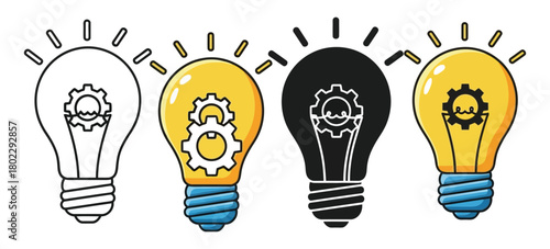 Light Bulbs with Gear Inside Outline, Yellow and Silhouette in a Row on White Background