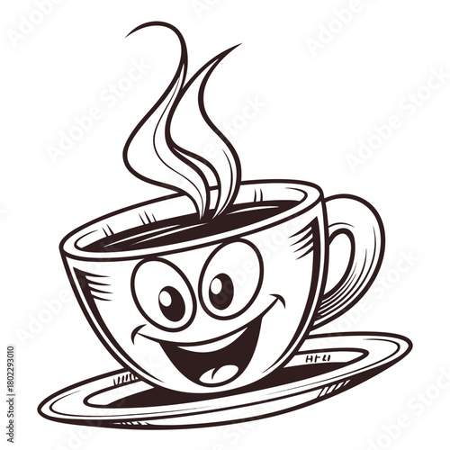 Happy cartoon coffee cup with steam on white background drink