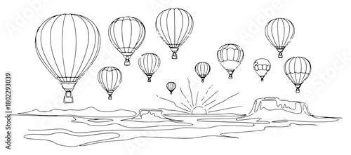 Hot air balloons over Cappadocia landscape one continuous line drawing. Famous travel destination vector illustration.