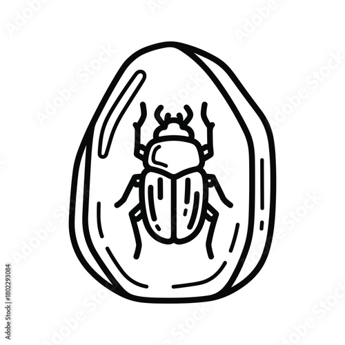 Hand drawn doodle vector illustration of an ancient prehistoric insect or beetle trapped and preserved in golden amber