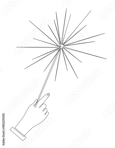 Continuous line art of a hand holding a firework. Concept for New Year's Eve celebration, wedding, birthday, Christmas.