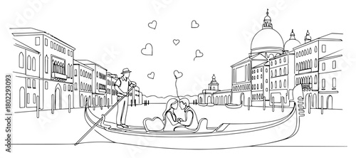 Romantic couple in gondola in Venice one continuous line drawing. Italy famous landmark vector travel art.
