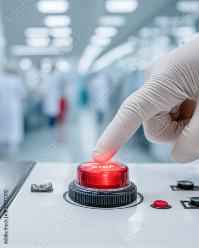 A gloved hand is about to press a red emergency stop button in a clinical or industrial setting, emphasizing safety and control in the environment.