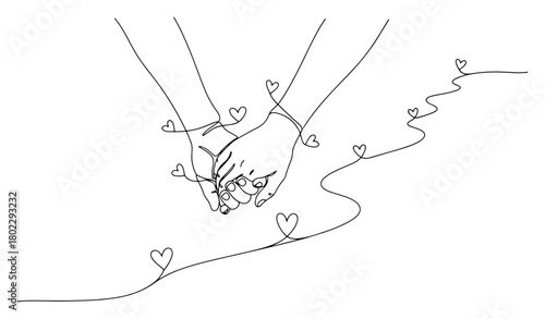 One continuous line drawing of a couple holding hands with a line of hearts Romantic relationship and love concept in one line art style vector illustration