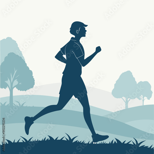 Silhouette of a Man Jogging in a Park with Rolling Hills running
