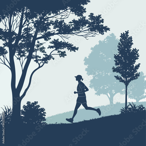 Silhouette of a Woman Running in a Forested Park Landscape jogging