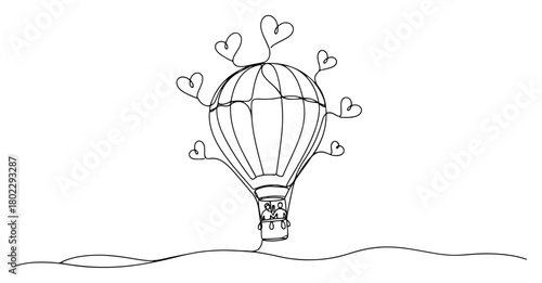 Couple in a love hot air balloon with hearts Continuous one line drawing Romantic travel and valentines day concept minimalist vector illustration