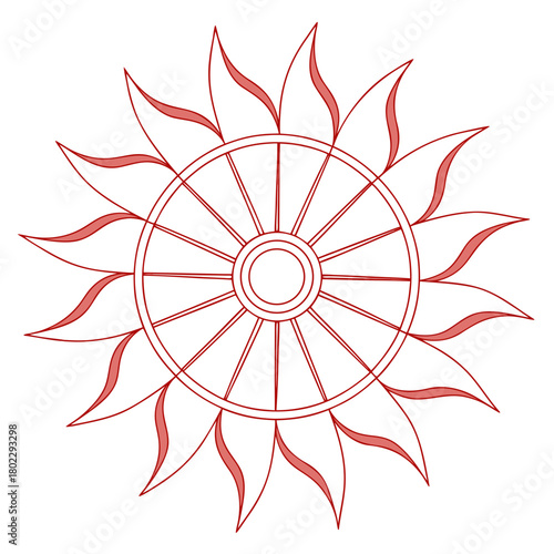 Red Outline Sun Wheel Symbol with Petal Like Spokes vector illustration