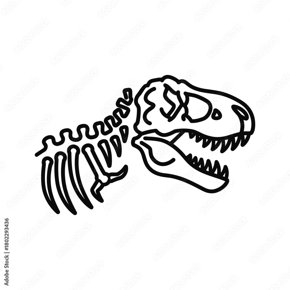Fototapeta premium Simple outline drawing of a tyrannosaurus rex skeleton illustration, prehistoric creature, paleontology.