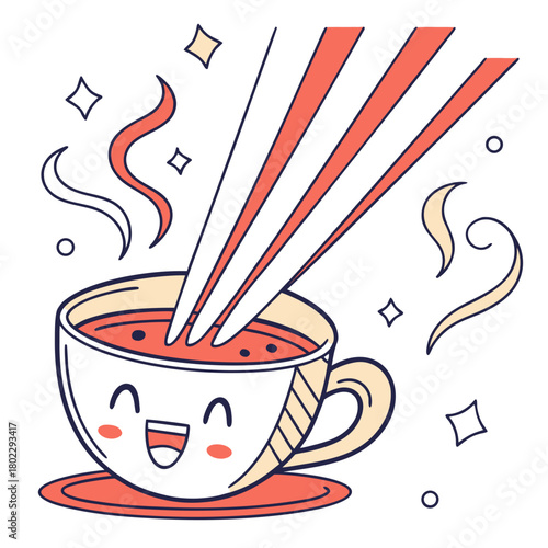 Cute cartoon coffee cup with happy face and steam drink beverage