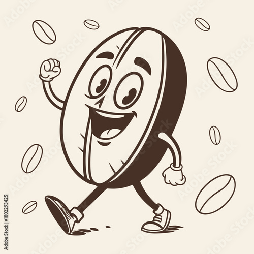 Walking cartoon coffee bean character with scattered beans motion