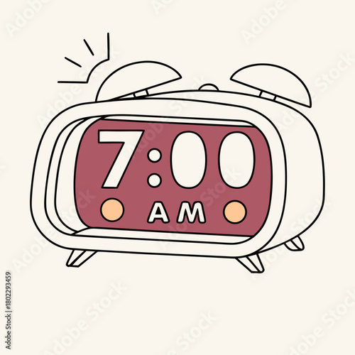 Retro Alarm Clock Rings at Seven AM with Colorful Display Keywords: alarm clock, time, ringing