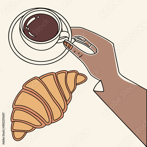 Hand Holding Coffee Cup with Croissant Overhead View saucer