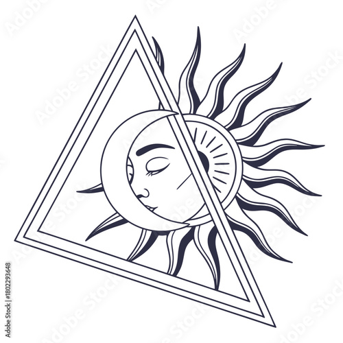 Sun and Moon Face within Geometric Triangle Outline shining