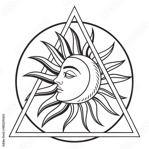 Sun and Moon Face within Geometric Triangle and Circle shining