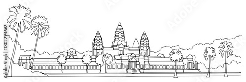 Angkor Wat temple in Cambodia one continuous line drawing. Famous Asia landmark vector art.