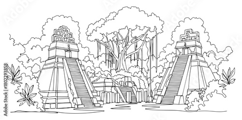 Tikal National Park in Guatemala Continuous one line drawing Ancient Mayan pyramids in the jungle minimalist vector illustration