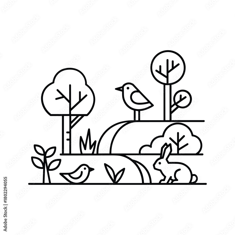 Obraz premium Simple line art illustration of a tranquil natural landscape with stylized trees, two birds, and a rabbit.