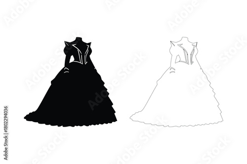 Elegant black and white ball gowns on mannequins