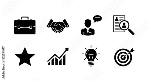 Black business icons set: strategy, growth, and communication in silhouette style