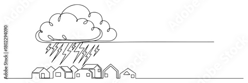 Thunderstorm over the city one continuous line drawing. Stormy weather with rain and lightning vector art.