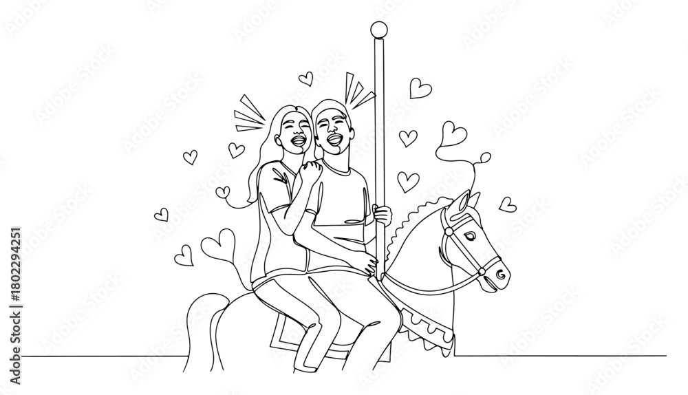 Fototapeta premium Happy couple riding a carousel horse Continuous one line drawing Romantic date in amusement park minimalist vector illustration