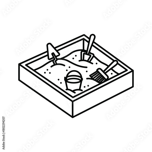 Line art illustration of a children's sandbox with various sand play tools like a bucket and shovels, vector graphic.