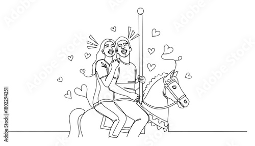 Happy couple riding a carousel horse Continuous one line drawing Romantic date in amusement park minimalist vector illustration