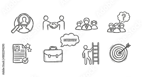 Simple hand-drawn icons for recruitment and career development with interview and goal themes