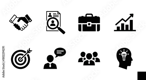 Business icons set featuring teamwork, growth, and success concepts in simple silhouette style