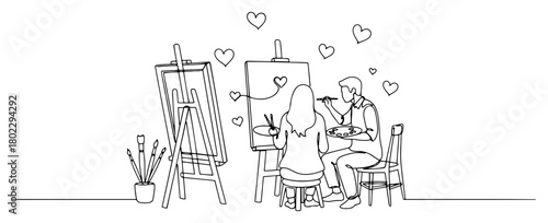 Couple painting a heart on canvas together Continuous one line drawing Romantic creative hobby minimalist vector illustration