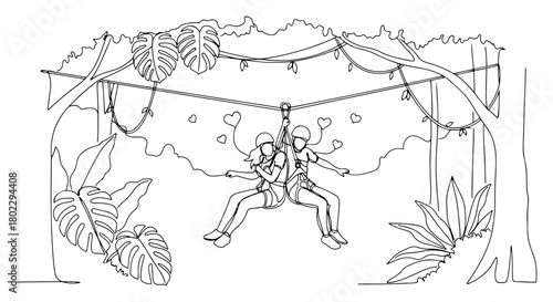 Adventurous couple riding a zip line together in the jungle continuous one line drawing Vector illustration of an extreme sport and romantic travel concept