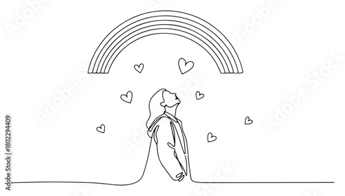 Woman looking at rainbow and hearts of love one continuous line drawing. Hope and happiness minimalist vector art.