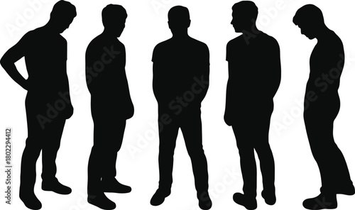 Silhouettes of men in various poses on a white background