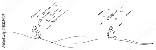 Person watching a meteor shower of love one continuous line drawing. Wishing on a falling star vector illustration.