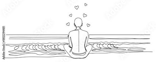 Man meditating on the beach with thoughts of love one continuous line drawing. Self care and mindfulness vector art.