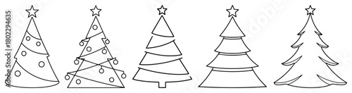 Set of Christmas tree line icons various festive holiday tree designs with stars and decorations Minimalist vector illustration collection